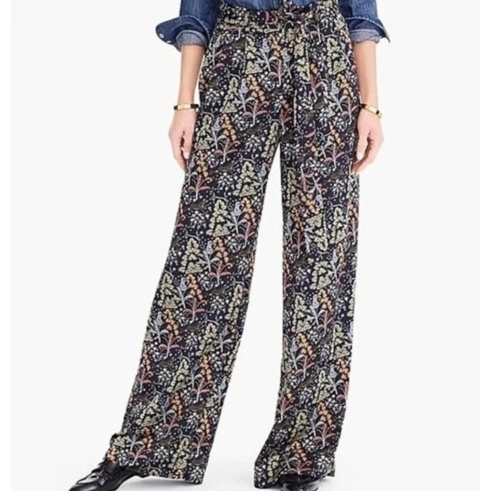 J Crew Point Sur Pants Womens 4 Tall Satin Jungle Print Wide Leg Belted Pockets